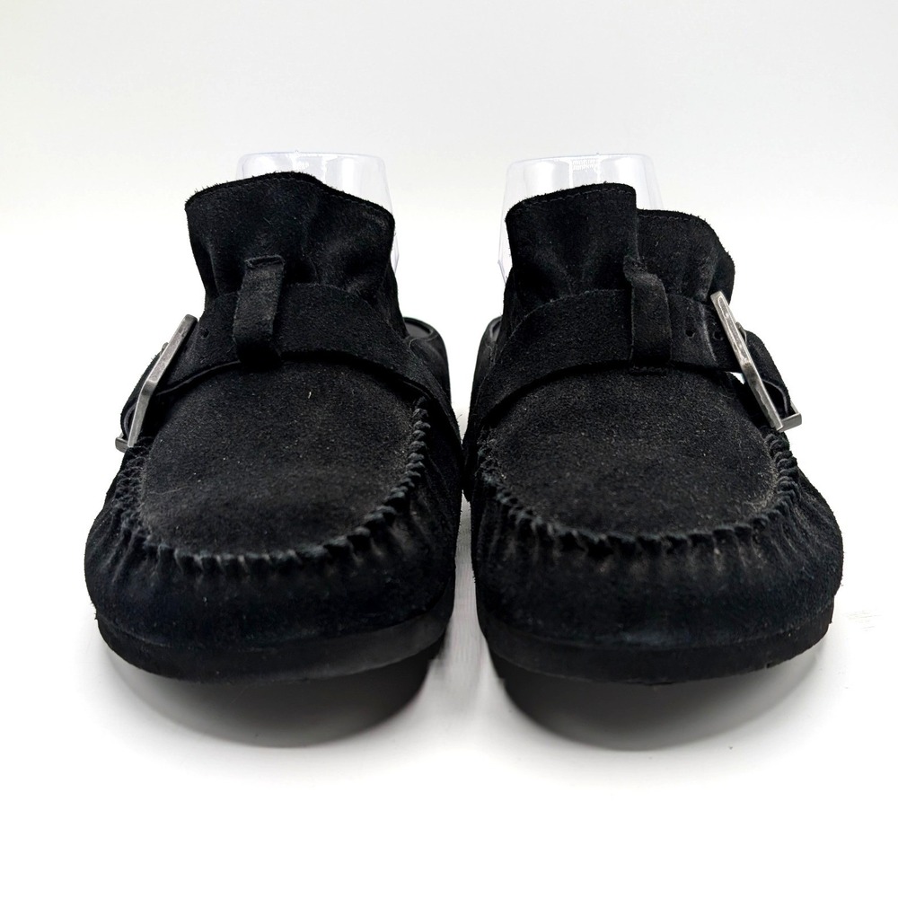 Free People Suede Moccasin Buckle Mules SZ 8.5 Black Flat Clogs Nubuck Shoes